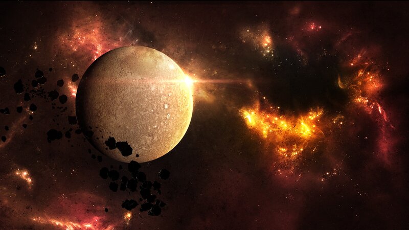 Planet in Space — Red, Dramatic, Digital Art, Asteroids