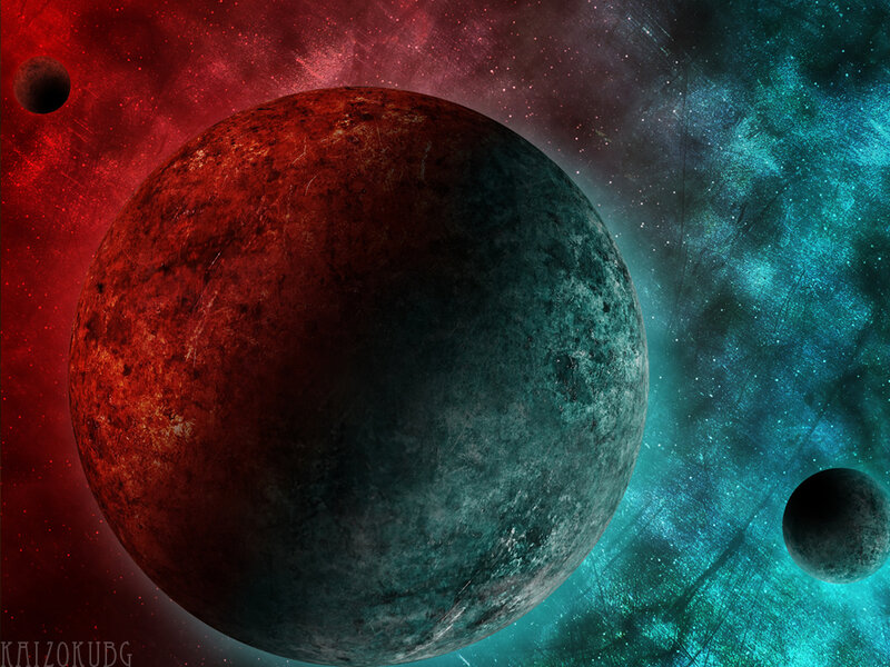 Planet in Space — Red, Dramatic, Digital Art, Stars, Nebula, Moon, Blue