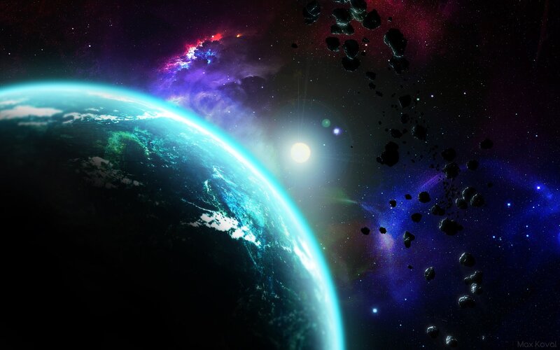 Planet in space with asteroids