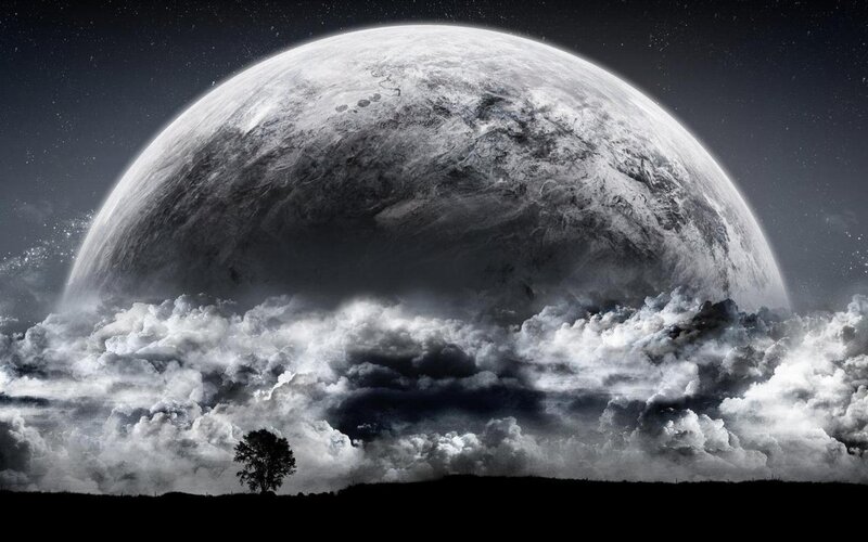 Planet Looming over Tree — Black, Dramatic
