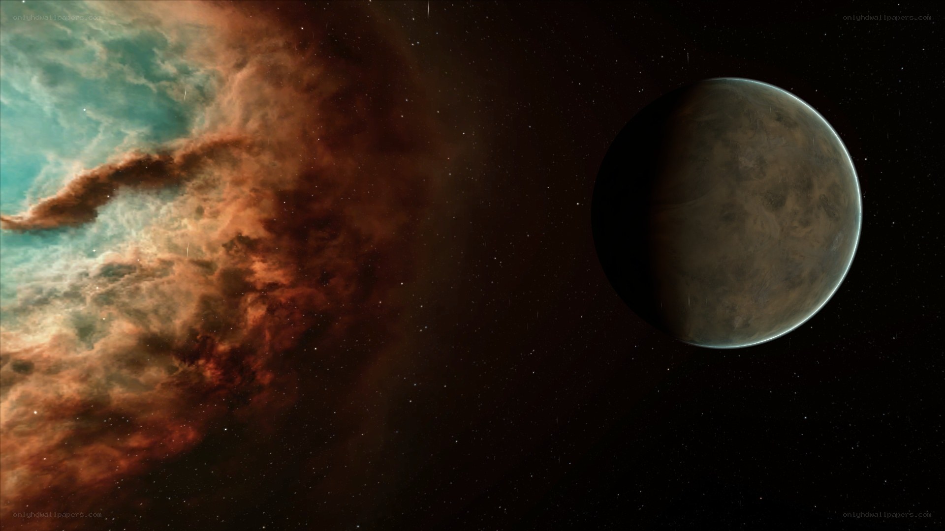 Planet near nebula in space