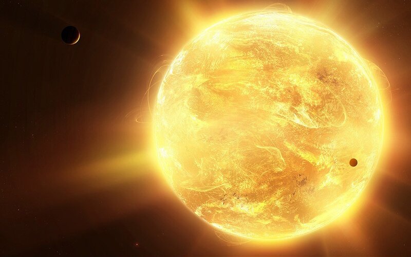 Planet Orbiting Star — Yellow, Dramatic, Digital Art