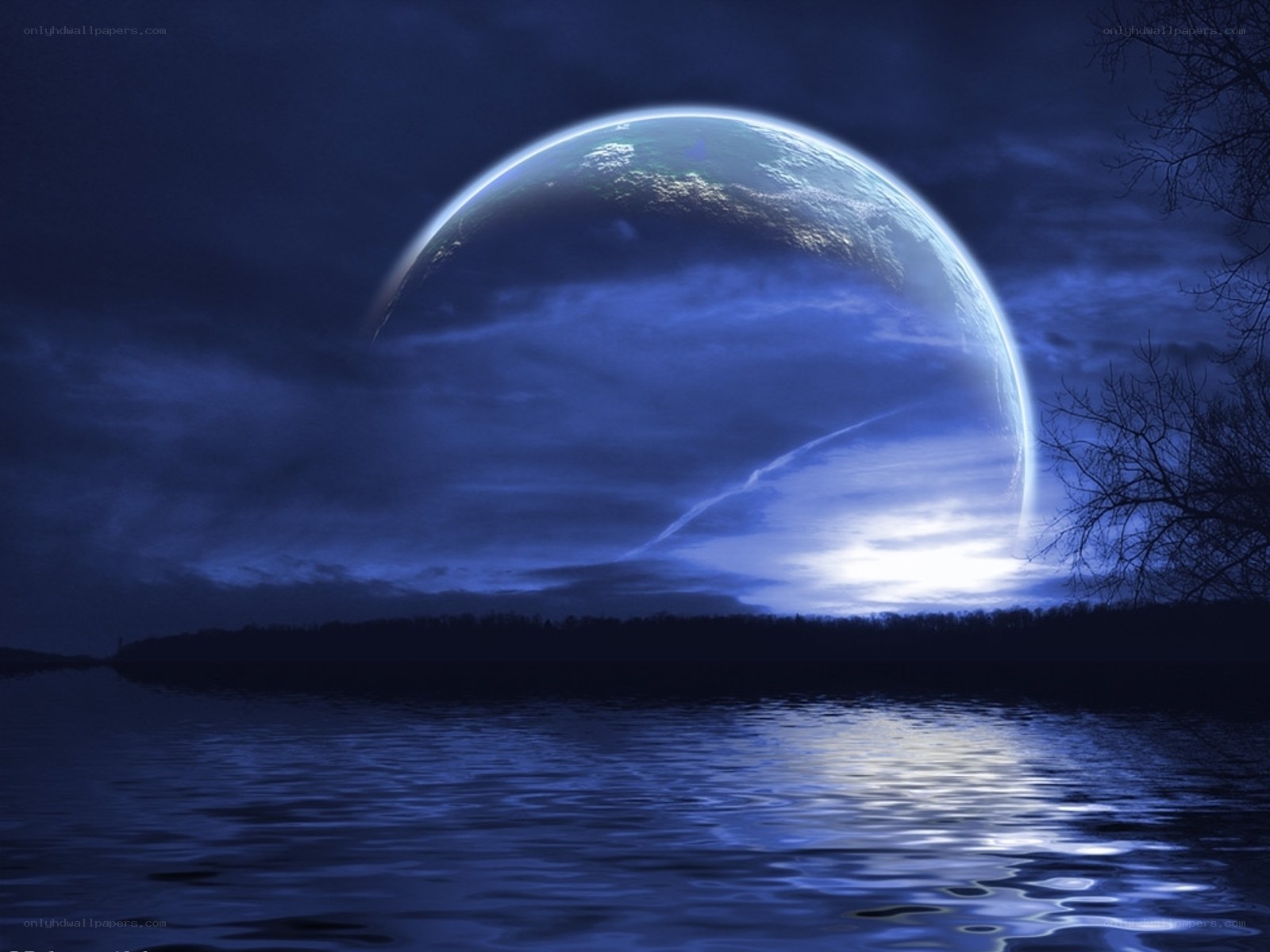 Planet over a lake at night