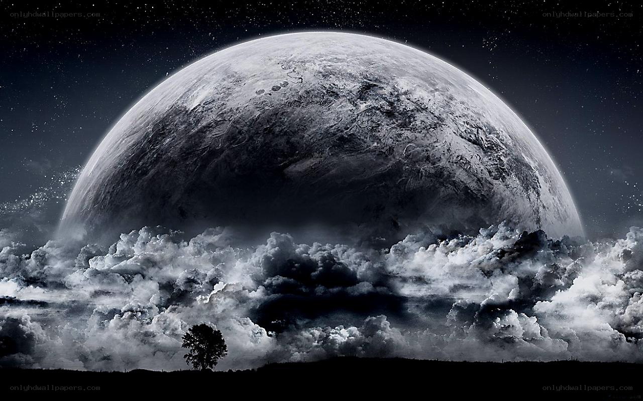 Planet over clouds landscape