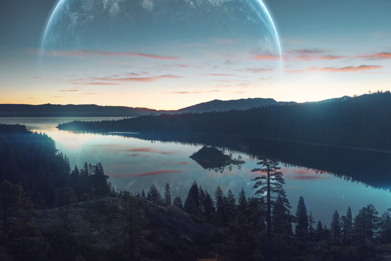 Planet over Lake — Blue, Serene, Sunset, Digital Art, Mountains