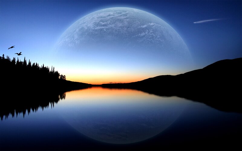 Planet over Lake — Blue, Serene, Sunset, Digital Art