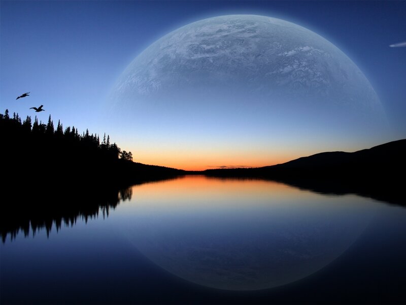 Planet over Lake — Blue, Serene, Sunset