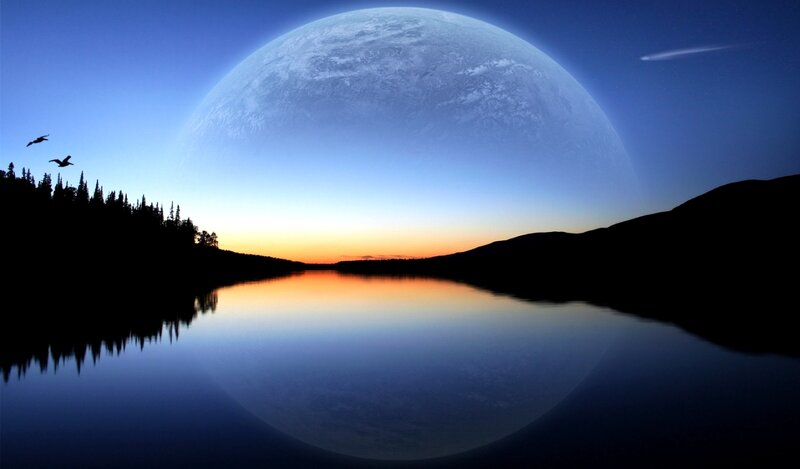 Planet over Lake — Blue, Serene