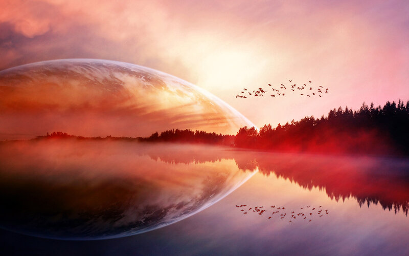 Planet over Lake — Red, Dramatic, Sunset