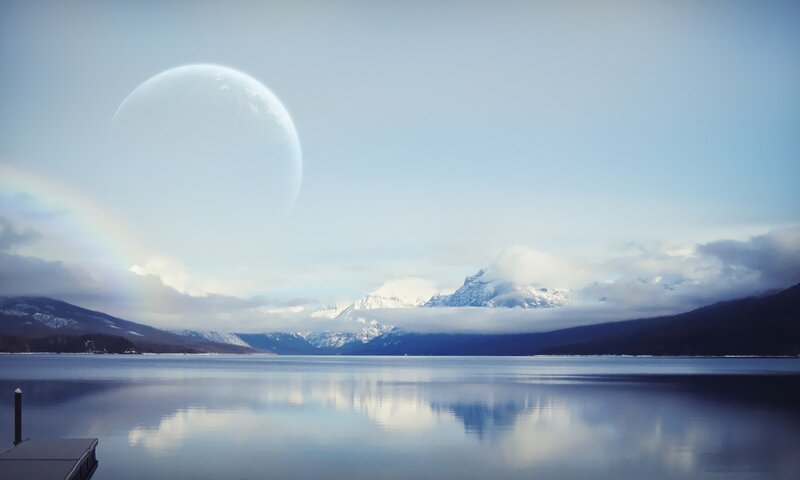 Planet over Mountain Lake — Blue, Serene, Morning