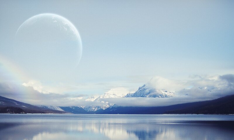 Planet over Mountain Lake — Blue, Serene