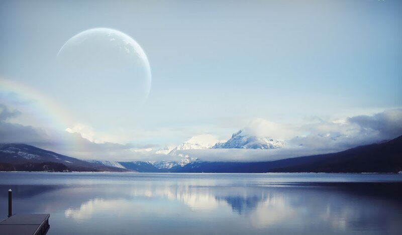 Planet over Mountain Lake — Blue