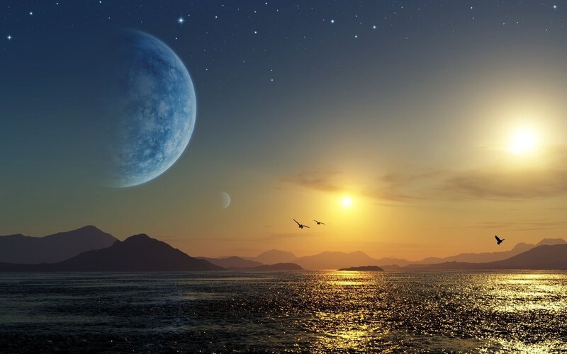Planet over Ocean — Blue, Serene, Sunset