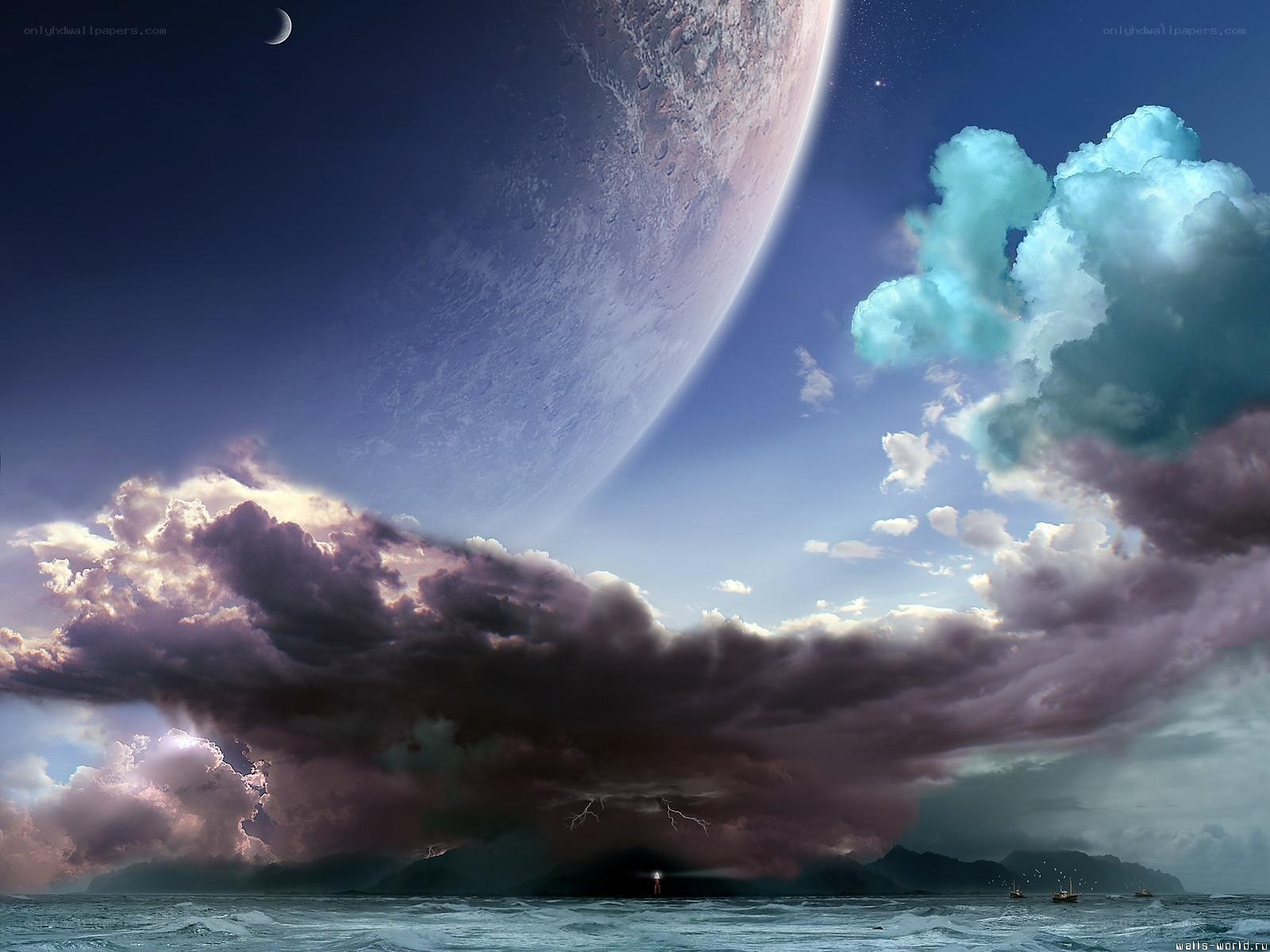 Planet over stormy sea