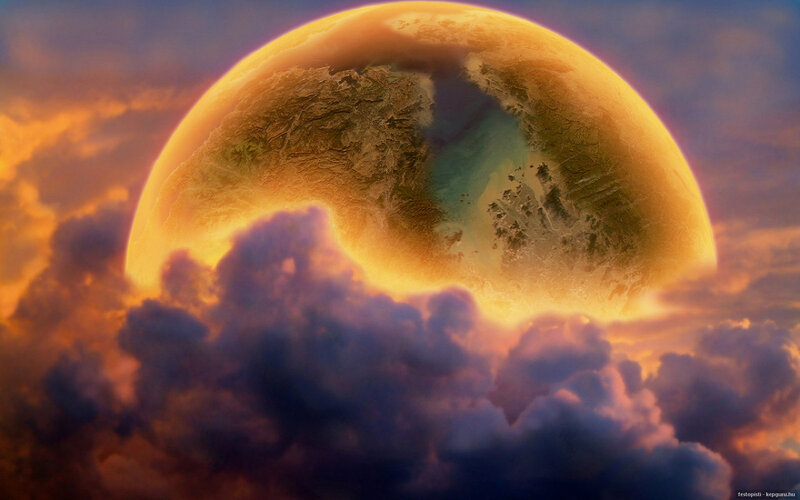 Planet Rising Above Clouds — Orange, Dramatic, Sunset, Digital Art, Sky, Landmass