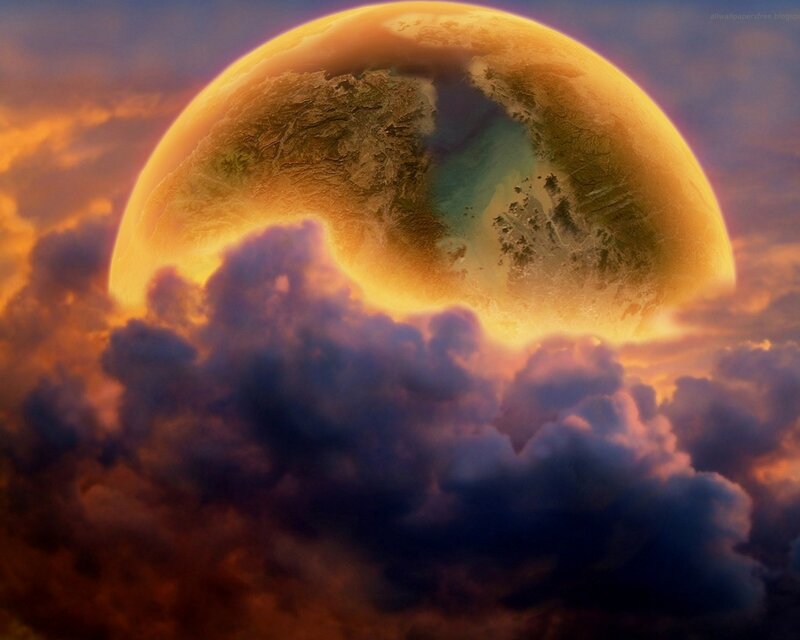 Planet Rising Above Clouds — Orange, Dramatic, Sunset