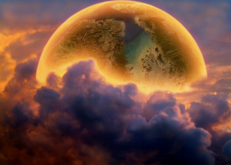 Planet Rising Above Clouds — Orange