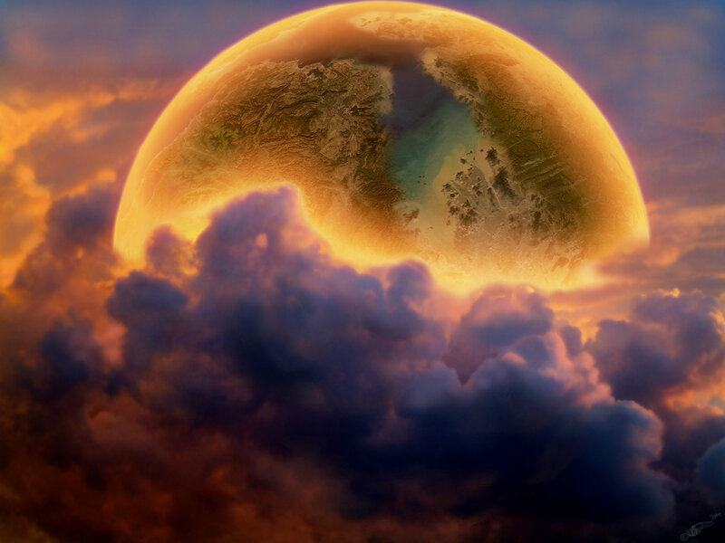 Planet rising above clouds
