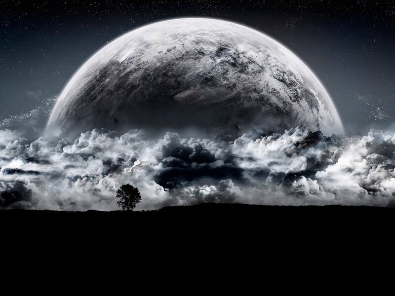 Planet Rising over Clouds — Black, Dramatic, Night, Digital Art, Tree, Sky
