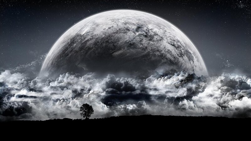 Planet Rising over Clouds — Black, Dramatic, Night, Digital Art, Tree