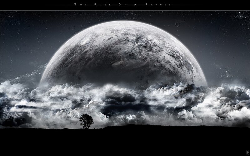 Planet Rising over Clouds — Black, Dramatic