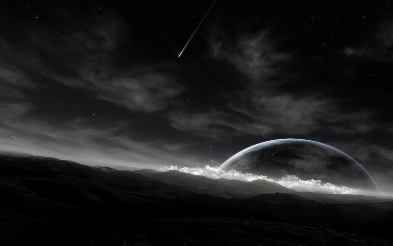 Planet Rising over Hills — Black, Dramatic, Night, Digital Art, Meteor, Clouds, Stars