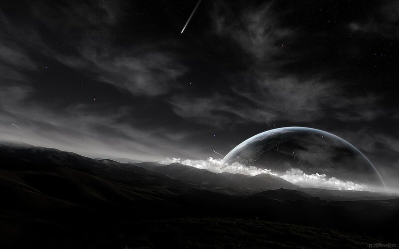 Planet Rising over Hills — Black, Dramatic, Night, Digital Art, Mountains, Clouds
