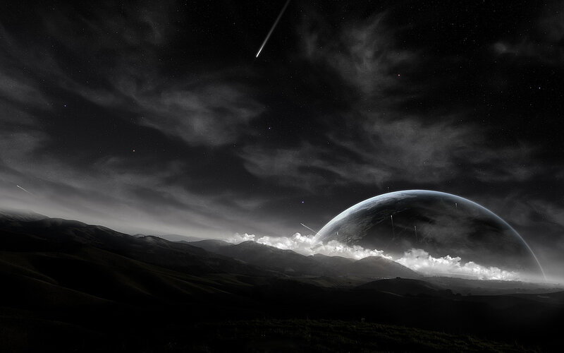 Planet Rising over Hills — Black, Dramatic, Night, Digital Art, Mountains