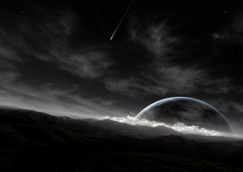 Planet Rising over Hills — Black, Dramatic, Night, Digital Art