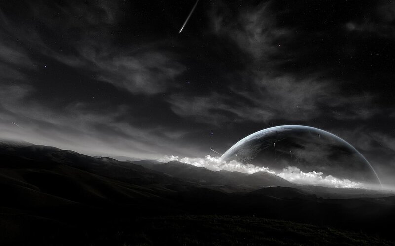 Planet Rising over Hills — Black, Dramatic, Night