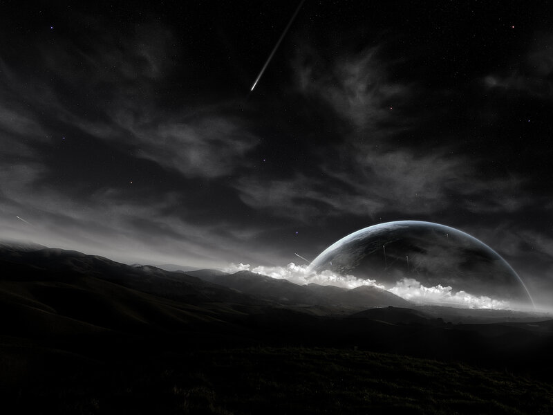 Planet Rising over Hills — Black, Dramatic