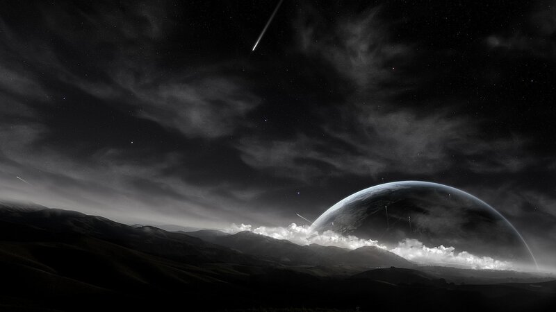 Planet Rising over Mountains — Black, Dramatic