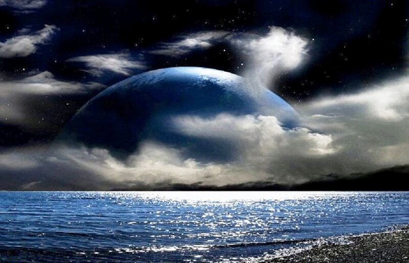 Planet Rising over Ocean — Blue