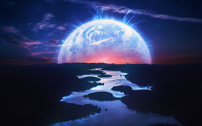 Planet Rising over River — Blue