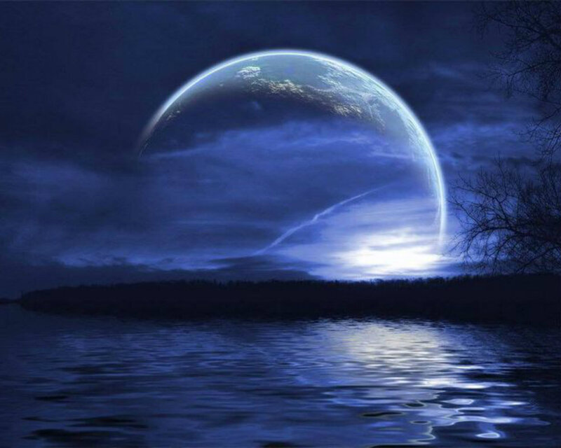 Planet Rising over Water — Blue, Dramatic, Night, Digital Art, Sky