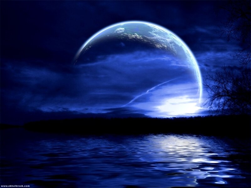 Planet Rising over Water — Blue, Dramatic, Night, Digital Art, Sky, Trees