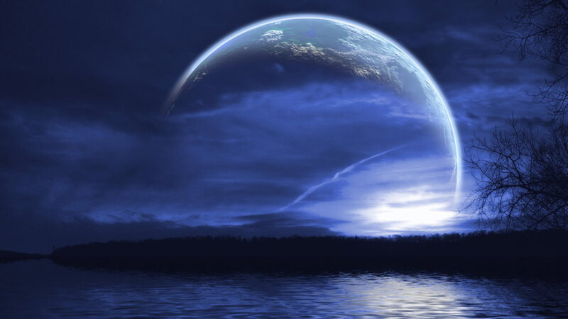 Planet Rising over Water — Blue, Dramatic, Night, Digital Art