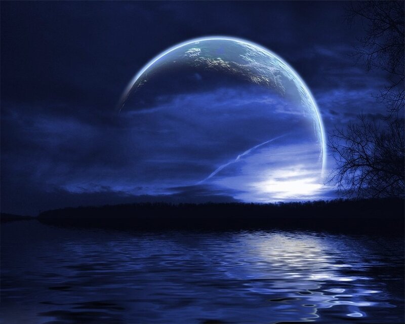 Planet Rising over Water — Blue, Dramatic, Night, Digital Art, Trees