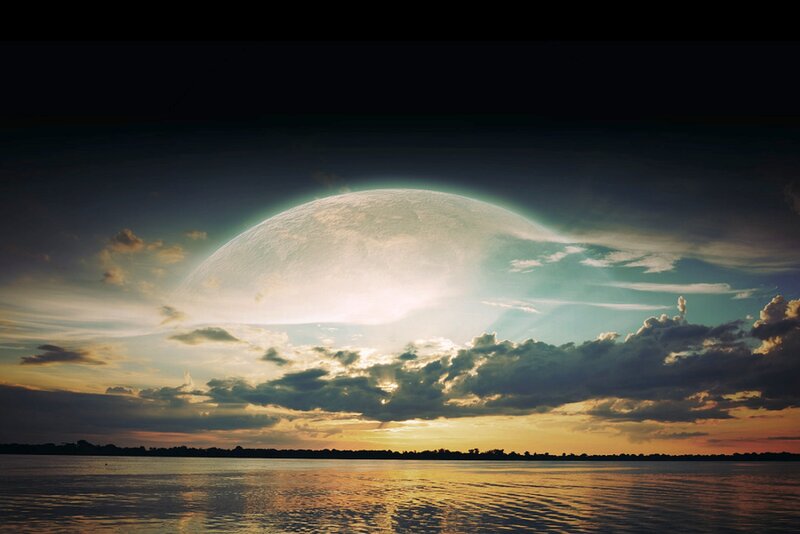 Planet Rising over Water — Blue, Dramatic, Sunset