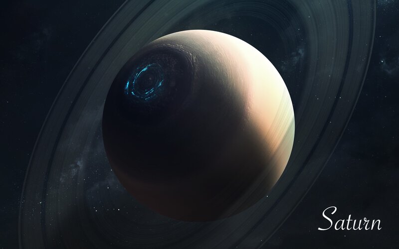 Planet Saturn with Rings — Black, Dramatic, Night