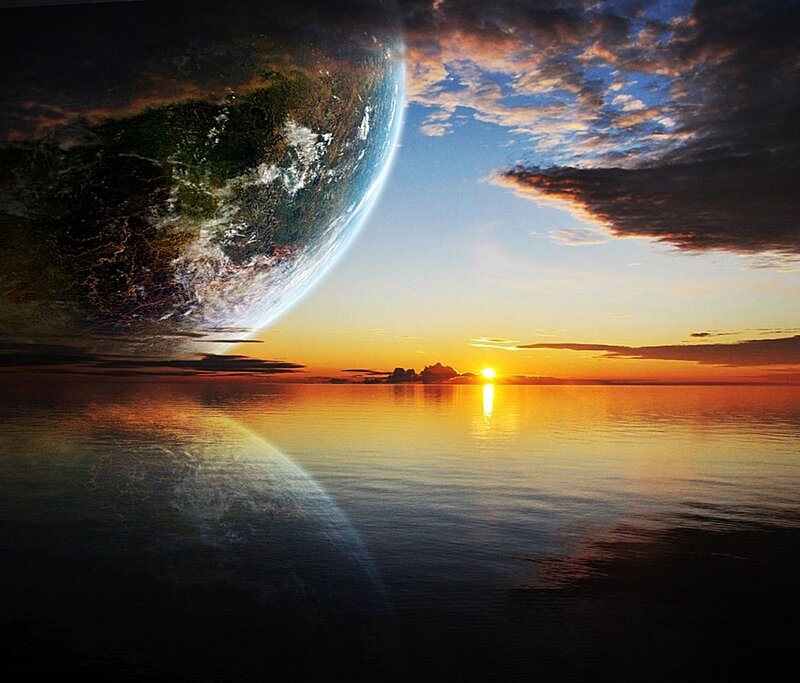 Planet sunset over ocean