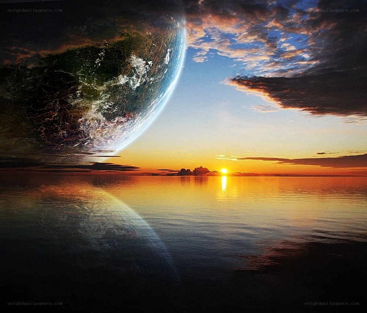 Planet sunset over ocean