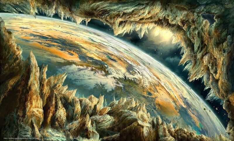 Planet through a cave opening