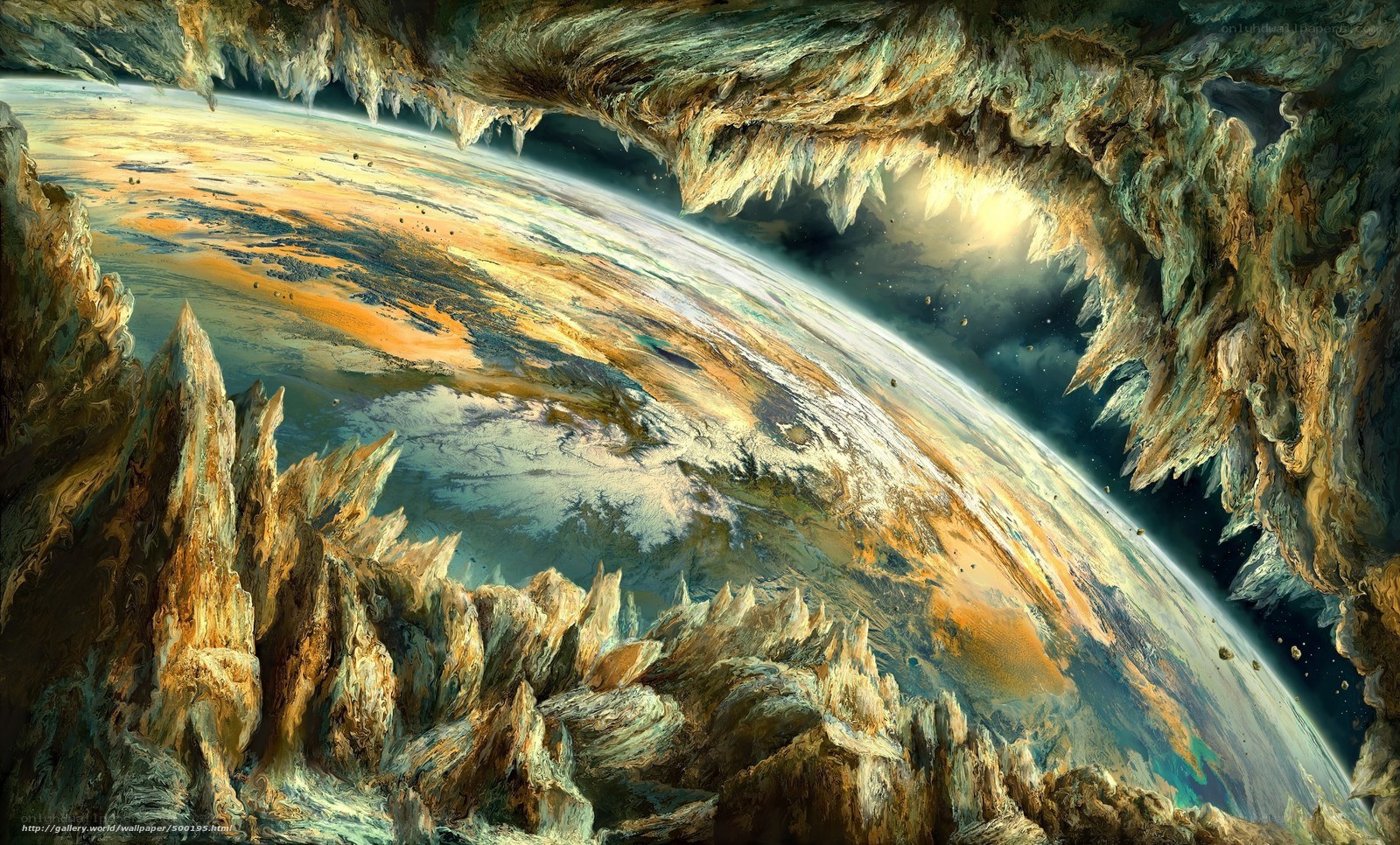 Planet through a cave opening