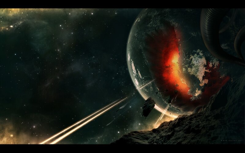 Planet under Attack — Black, Dramatic, Digital Art, Space Debris