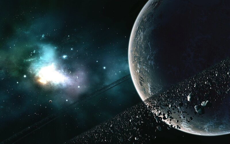 Planet with Asteroid Belt — Black, Dramatic