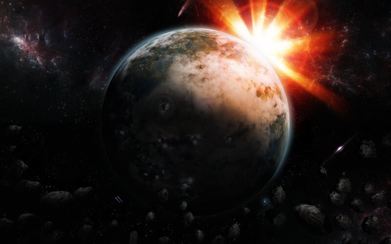 Planet with Asteroid Field — Black, Dramatic, Digital Art