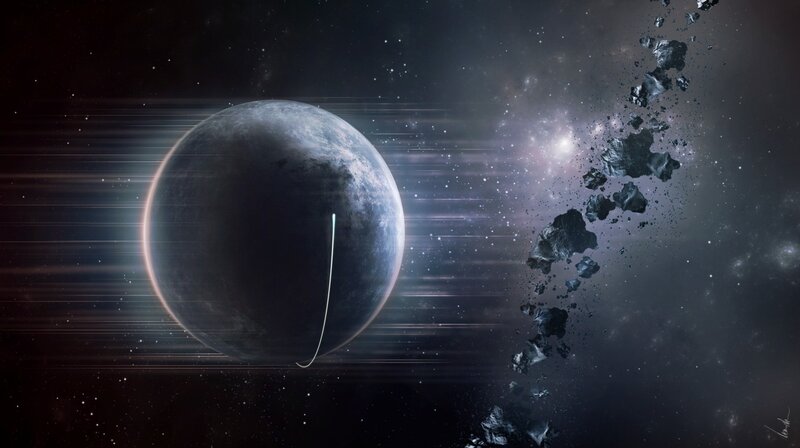 Planet with Asteroid Field — Black, Dramatic, Night, Digital Art, Asteroids, Stars