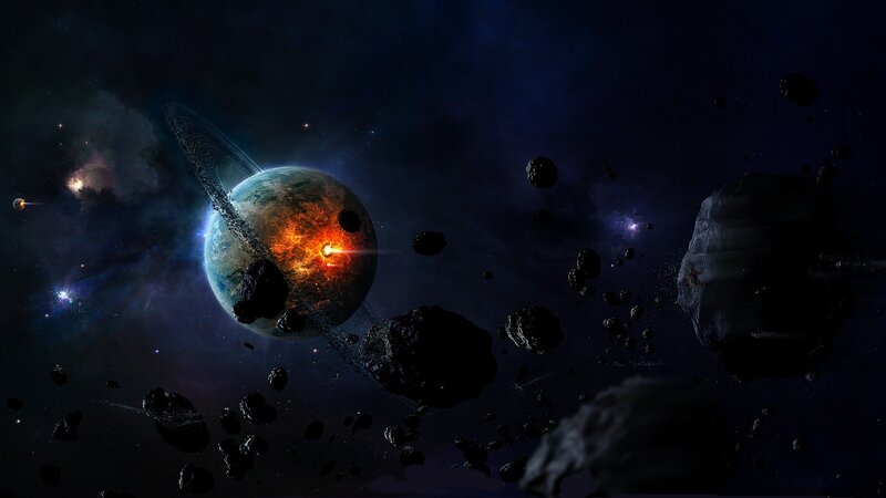 Planet with Asteroid Field — Black, Dramatic, Night, Digital Art