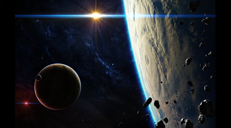 Planet with Asteroid Field — Blue, Dramatic, Digital Art